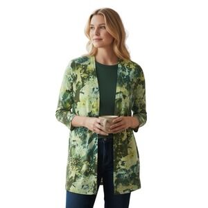 Chico's Size 2 US L Open Front Long Line Cardigan Sweater Green Floral Print